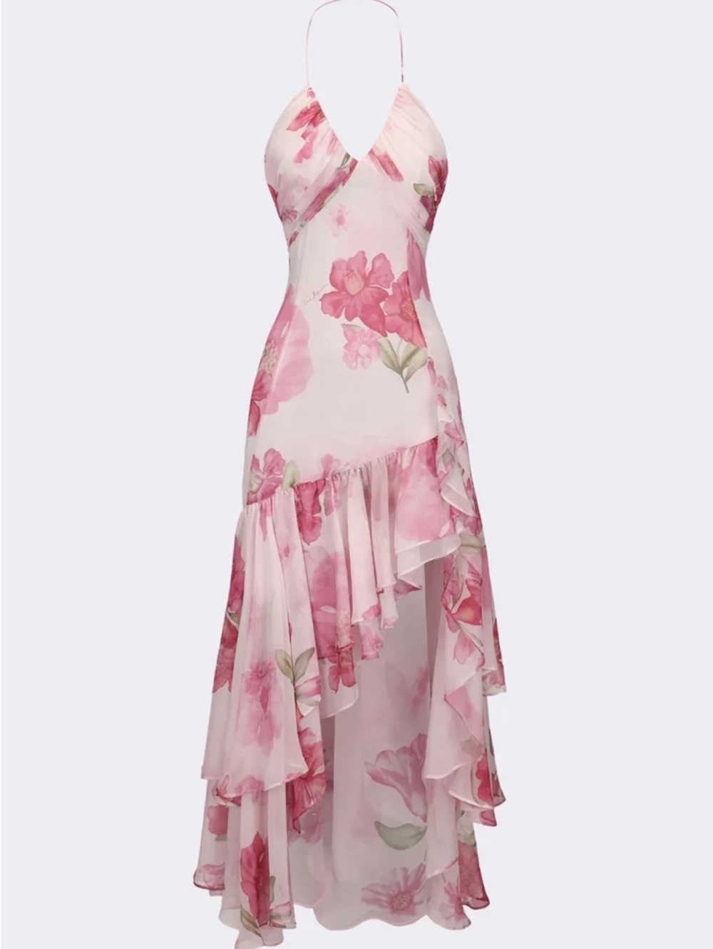 Nana Jacqueline Vivienne Pink Floral Halter High-Low Ruffle Dress